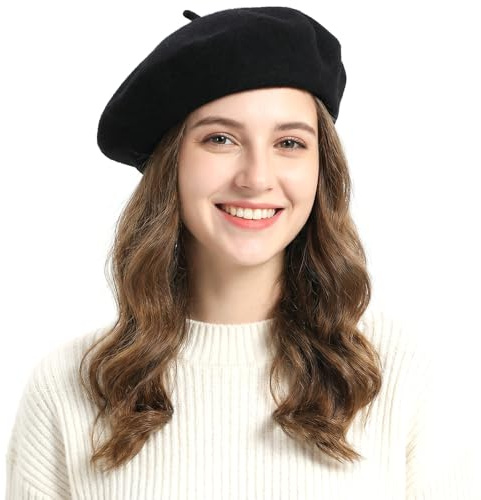 Lusofie Black Beret Hat for Women - Vintage Classic French Berets for Women for Autumn and Winter - Solid Black Wool French Hats