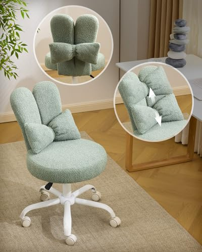 Karl home Swivel Office Chairs, Bunny Vanity Chair with Wheels (Green) | Playful Rabbit Ear Backrest, Cozy Teddy Fabric, Versatile Bow Pillow,Thickened Cushion,Rounded Corners&SGS Tested Components