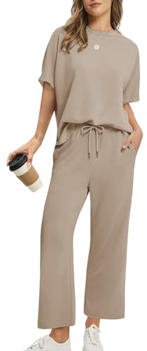 Rayson Tuta Estiva Donna Sportiva con Scollo Rotondo e Ampie Tasche Completo Tuta Donna T-Shirt & Pantaloni Casual per Jogging, Training, Casa, Working(Kaki,L)