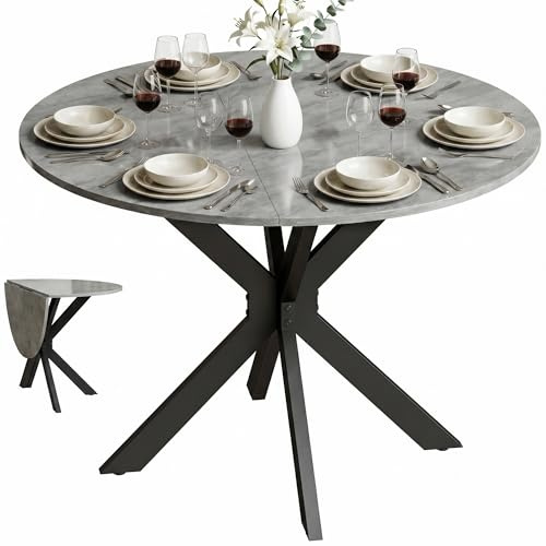 HOMCOM Tavolo da Pranzo Rotondo Pieghevole per 2-6 Persone, Ø110 cm Tavolo Cucina a Ribalta con Gambe a X in Acciaio, Piano Spesso, Salvaspazio per Soggiorno Sala da Pranzo, Grigio Cemento