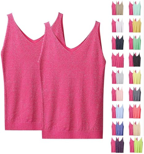 Lot 2 Haut À Paillettes pour Femme - Col en V Argenté Rouge XXS XXL Debardeur Ado Sexy Décolleté Débardeur Caraco Fine Bretelles Crop Tops sans Manches Maillot De Corps Chic Et Élégant Camisole L XXS