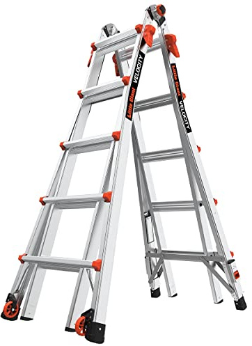 Little Giant Ladders Velocity, 22-Ft Folding Multi-Position Ladder, Aluminum, 300 lb Load Capacity, Type 1A Extra Heavy Duty, 22-Ft Reach, with Ratchet Levelers and Wheels (15422-801)