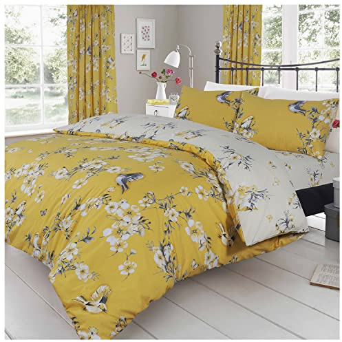 GC GAVENO CAVAILIA - Set con copripiumino lussuoso con motivo floreale con uccellini, facile da pulire, morbido e comodo, double face, in policotone, colore: ocra, per letto king size (230 x 220cm)