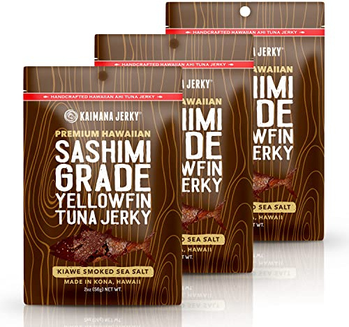 Kaimana Ahi Tuna Jerky Kiawe Smoked Sea Salt - Soft and Tasty - Premium Fish Jerky Made in the USA. High in Omega 3's, All Natural and Wild Caught - 2 Ounce (Pack of 3)