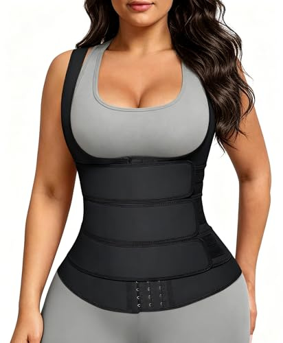 FeelinGirl Waist Trainer Vest for Women Lower Belly Fat Waist Trainer Corset Vest Cincher Latex Colombiana 3 Hooks L A-black