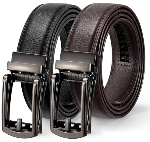 WERFORU 2 cinturones de cuero para hombre, cinturón automático de cuero para traje y ocio, cinturón de trinquete para hombre con hebilla automática, D-negro+café, 130cm/für Taillengröße 90-110cm