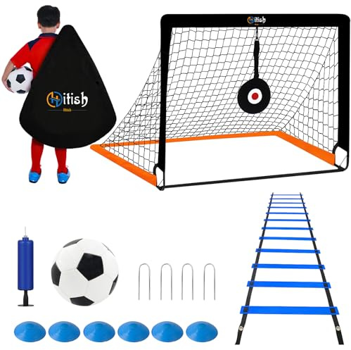 Kids Football Goal with Training Equipment - Pop Up Collapsible Football Net Set with Ball, Speed Agility Ladder, Cones and Target - Outdoor Garden Soccer Game Toy Gift for Boy Girls Junior Age 3-14