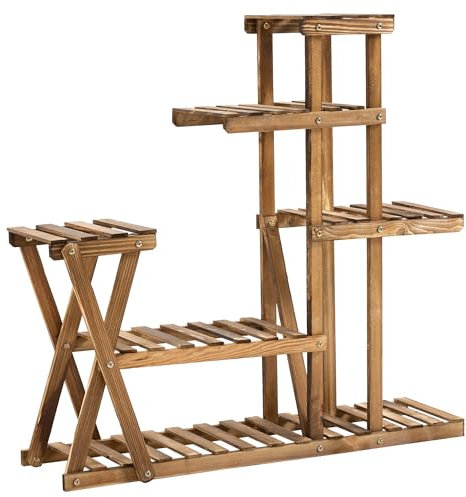 Outsunny Soporte para Plantas Estantería para Plantas con Pies de Madera Estantería para Flores con 5 Niveles Carga 60 kg para Interior y Exterior Terreza Jardín Balcón 98x28x95 cm Carbonizado
