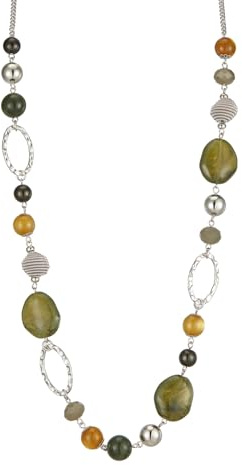 FULU AUTUMN Collana Lunga in Argento con Perline da Donna Collana Catena Lunga di Perle e Cristalli Gioielli Boho Idee Regalo per Lei(Army green)