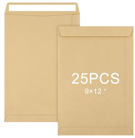 25 Packs A4 / C4 Self Seal Pocket Envelopes, Kraft Peel and Seal Envelopes, No Window Design, Letter Envelope for Office, Home, School (Size: 324 x 229 mm)
