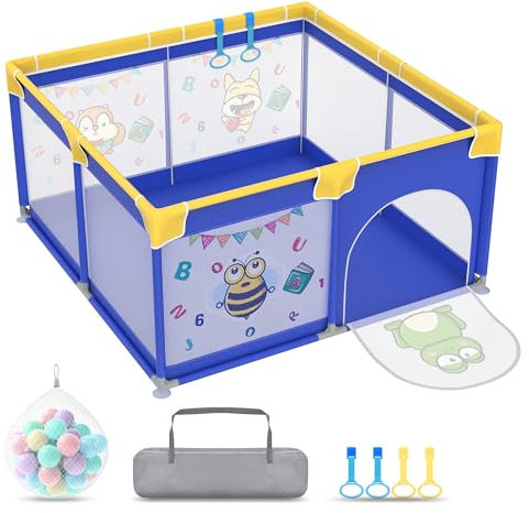 TWOLIIN Laufstall Baby 127x127cmLaufgitter für Baby mit 50 Ocean Bällen & 4 Zugringen & Tragetasche, Faltbar Laufgitterzelt mit Atmungsaktivem Netz für Kinder, Blau mit Tiermotiven