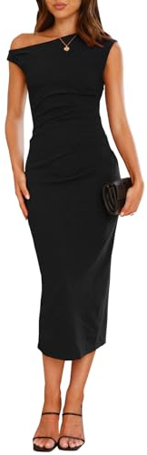 IHOT Black Dresses for Women Sexy Off Shoulder Sleeveless Ruched Bodycon Formal Dress Elegant Cocktail Party Wedding Guest Holiday Evening Dinner Dresses Midi Length Black Small