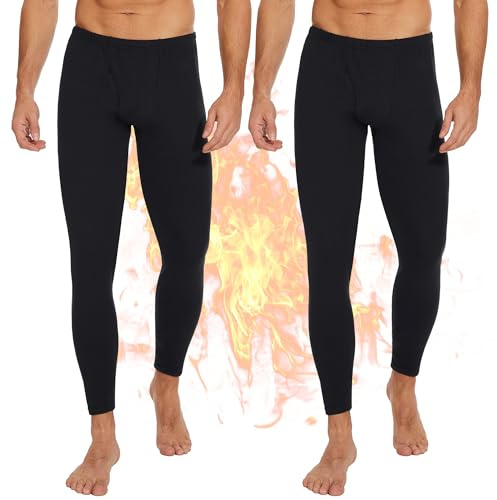 OBFUN 2 Pack Thermal Underwear for Men Pants Long Johns Bottoms Base Layer Cold Weather Fleece Lined Leggings Black Large