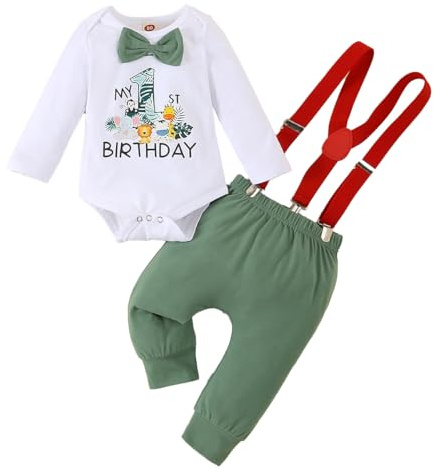LUVCES Conjunto de Cumpleaños Bebé Niño My First Cumpleaños Manga Corta Pelele Caballero con Pajarita Top+ Tirantes Pantalones Cortos 2Pcs Conjuntos Ropa