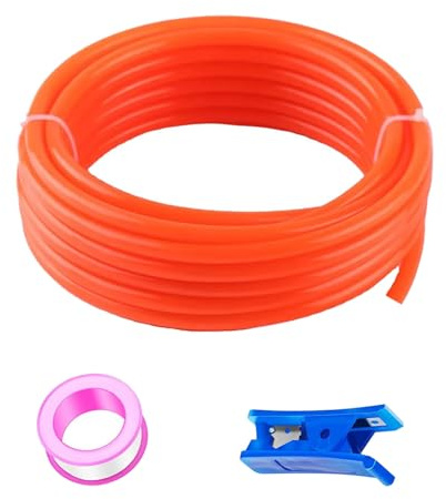 HUAZIZ 20 m orange PU pneumatisk slang, pneumatisk polyuretanslang, flexibel tryckluftsslang, yttre 8 mm x inre 5 mm + 1 st blå slangskärare + 1 st rosa teflonband