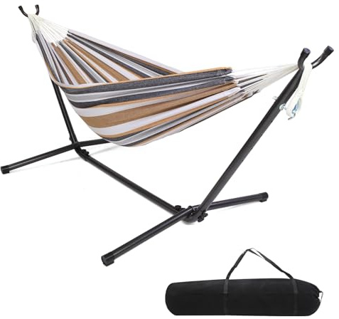 Bonnlo Hamac sur Pied avec Support en Acier, Hamac Extérieur en Coton-Polyester, Ensemble sur Pied Pliable, Porte 150 kg pour Jardin, Terrasse, Balcon, (Marron, 300 * 120 * 100 cm)