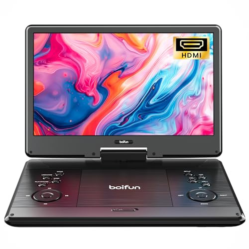 Reproductor de DVD portátil de 15.7 pulgadas con visualización HD grande de 14.1 pulgadas, entrada HDMI, batería recargable de 5 horas, soporte de sincronización de TV, USB, tarjeta SD y múltiples