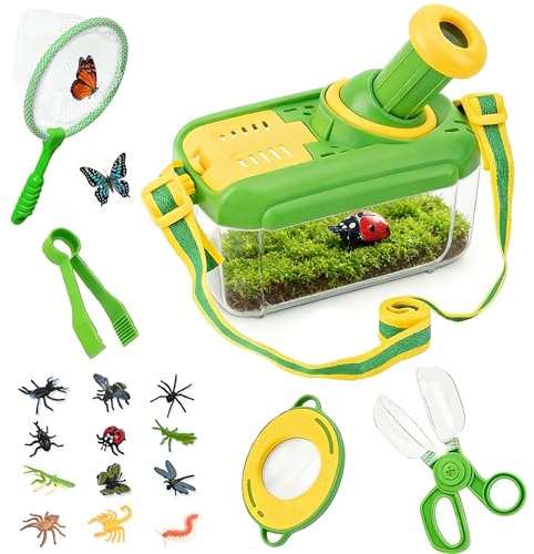 Kit Explorador Niños,5 Piezas Juego de Caza de Insectos,Kit de Captura de Insectos, con 12 Insectos Falsos,Caja de Observación de Insectos con Lupa, Aire Libre Aventura Juguetes para 3+ Niños