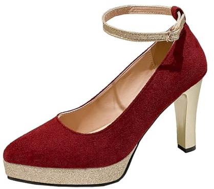 Escarpins à Plateforme à Talon épais avec Bride Cheville Scintillante et Bout fermé, Chaussures de soirée élégantes pour Robe de cérémonie, Confortables pour Danser Toute la Nuit (Red, 40)