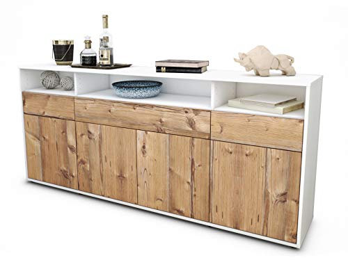Stil.Zeit Sideboard Ezia, Korpus Weiss matt, Front Holz-Design Pinie (180x79x35cm) Push-to-Open Technik & Leichtlaufschienen