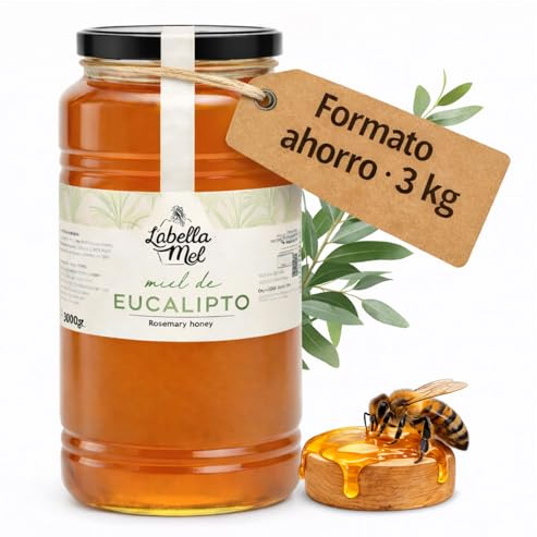 Miel Pura de Abeja de Eucalipto 3 Kg, extraída directamente del panal de miel; miel pura aromática y 100% natural, ideal para infusiones, repostería y cuidados diarios, sin mezclas añadidas.