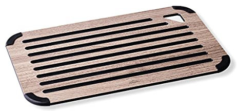 Lacor - 60590 - Tabla de Cortar Cocina, Tabla para Cortar Pan, Fibra de Madera Natural y Ecológica, Silicona, Superficie Lisa y Acanalada, Antibacteriana, 40x25x0.65cm, Nogal
