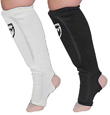 RingMaster Elastische Schienbeinschoner, Fußschutz, Kickboxen, Karate, MMA, Thai, Kampfsport, Training, 1 Paar, Größe XL, Weiß