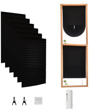 6 PCS Temporary Blinds for Windows Stick On，91 * 180 CM No Drill Paper Blinds Self Adhesive, Temporary Blackout Shades Easy Fit Easy Cut,Light Filtering Pleated Shades for Home, Black