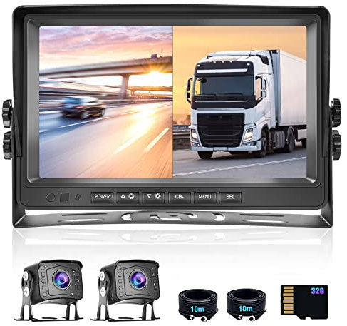 CAMECHO Rückfahrkamera 2 Kameras Set,9 Zoll LCD Monitor DVR +2 Geteilte Rück Kamera mit Nachtsicht IP69 Wasserdicht+Videoaufzeichnung für LKW/Bus/Van 12V-35V