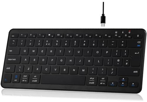 Qulose Bluetooth Wireless Keyboard, Mini Keyboard Rechargeable USB-C with Media Hotkeys, Ultra Slim Ergonomic, Compatible with Apple macOS/iOS/Windows/Android, UK Layout Compact-Black