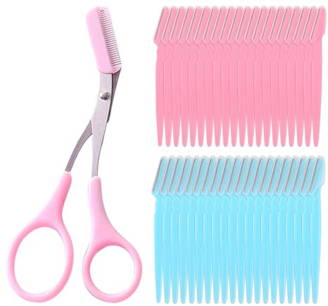 40 rasoi per sopracciglia, con 1 paio di forbici rosa per sopracciglia, separatore viso, tagliasopracciglia, coltello per sopracciglia, coltello per sopracciglia, adatto per uomini e donne