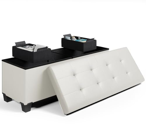 Storage Ottoman Bench with Bins, 43-in Storage Bench for Bedroom End of Bed, Folding Foot Rest Ottoman for Living Room Max 660lbs, Faux Leather Ottomans, Cream