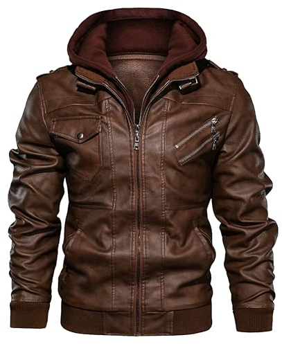 Oanviso Giacca Pelle da Uomo Giacca Moto Giacca Antivento con Cappuccio Invernale Giacche Outdoor Parka di Pelle PU Slim Fit Giubbotto Manica Lunga Biker Giacca B Marrone L