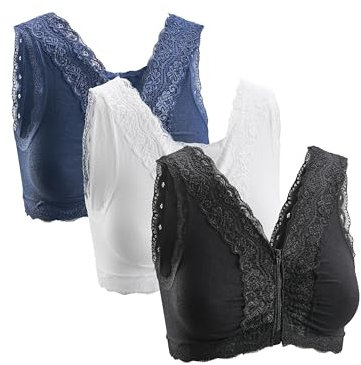 Basic Treasure 3er Pack Seamless Komfort BH mit Reißverschluss, BH ohne Bügel Vorderverschluss, Starker Halt Bustier (XXL, Weiß/Schwarz/Blau)