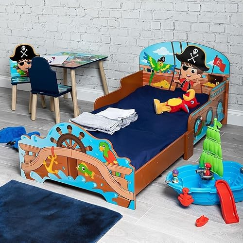 URBNLIVING Wooden Toddler Infant Child Kids Bed with Protector Safety Guard (Pirates)