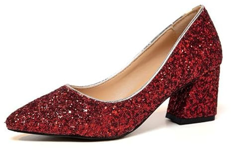 Glitter Pumps Pointed Toe Shoe Chunky Heels Pumps with Block Heel 6.5 cm Wedding Party Dress Shoes, red, 4 UK