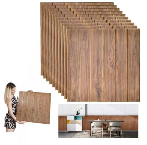 Papier peint adhésif mural 10 pièces (5,39 m2) 3D adhésif panneaux muraux briques panneaux muraux décoratifs 3D pour mur autocollants muraux, pour cuisine, salon, salle de bains, 77 x 70 cm, chêne