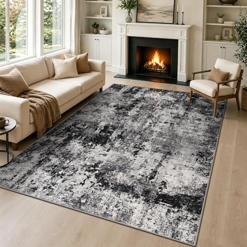 Capslpad Svart abstrakt matta vardagsrum 120 x 180 cm halkfri kort lugg syntetisk ull sovrum tvättbar matta minimalistisk sängmatta för vardagsrum sovrum kontor