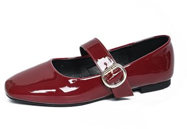 QiBusLeen Women's Square Toe Mary Jane Flats Comfortable Leather Ballet Flats with Buckle Strap Dressy Low Wedge Mary Janes for Women Casual Dating Party Work Shoes Burgundy