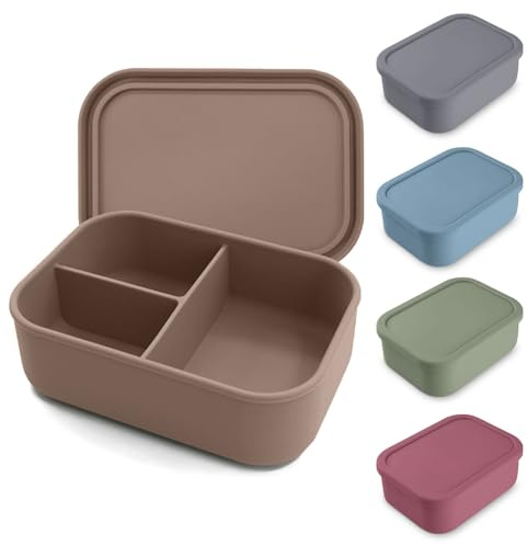 Chingcoo Contenitore per il pranzo con scomparti, in silicone, 800 ml, senza BPA, adatto al microonde, lavabile in lavastoviglie, con 3 scomparti, colore: grigio chiaro/beige