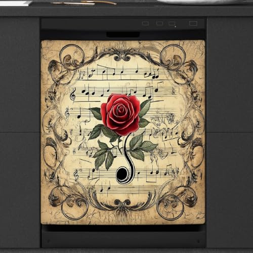 Copertura magnetica per lavastoviglie, decorazione per porta d'ingresso, note musicali rosa, vintage, per frigorifero, foglio adesivo per elettrodomestici da cucina, 58,4 x 66 cm