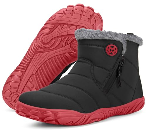 Barefoot Stivali Uomo Donna Scarpe Invernali Minimaliste Caldo Scarponcini Inverno All'aperto Escursionismo, Nero Rosso, 40 EU