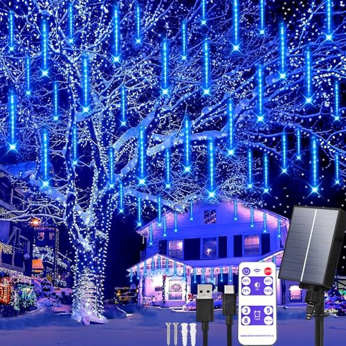 Aofonchy Guirnalda Luces Solar Meteoros Lluvia 10Tubos 30CM 240LEDs Impermeables Luce Navideñas, Solar & USB Luces de Ducha de Meteoritos con Control Remoto para Jardín Patio Navidad Bodas Fiesta