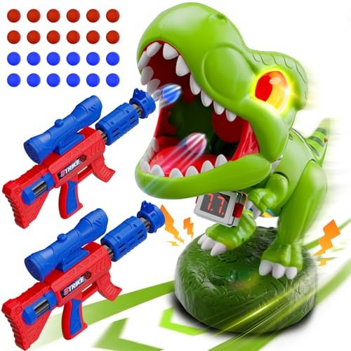 Dinosaur toys for 3-12 boys, Dinosaur Moveable Shooting Toys Games, 2 Pack Air Pump Guns with Scope, Balls, Roaring, Dino Eye & Belly Glow, Score Counter, Kids Toys Boys Gifts Ages 3 4 5 6 7 8 9 10 11