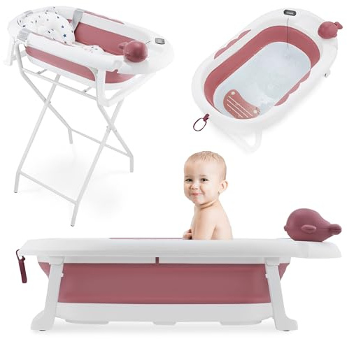 Moby-System Bañera Bebé Plegable con Termómetro LCD Incluye Inserto Soporte Alto y Bajo Vasito de Ballena – Compacta y Segura desde Recién Nacido – Rosa Empolvado