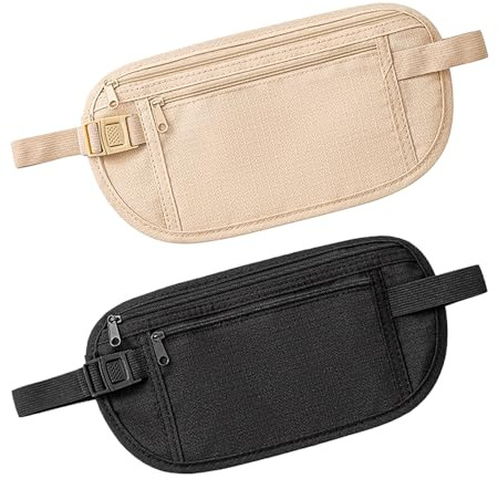 Verazquy 2Pcs Travel Money Belt, Ultra-Thin Money Belts Hidden Passport Holder Secure Travel Pouch Hidden Bumbag Under Clothes Blocking Wallet Waist Pack Anti Theft for Women Men