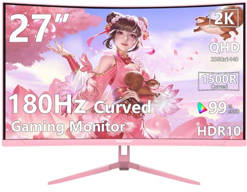 Raywego Pink 27 inch Curved Gaming Monitor 2K 180Hz,QHD 1440P,1500R LED Display,Pink Computer Monitor,1ms (MPRT),FreeSync,Eye-Care Technology, DP, HDMI Port for Gaming Home Office,VESA(75mm×75mm)