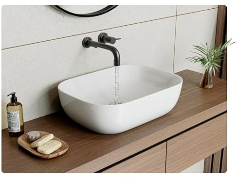 HOROW 460x330mm Countertop Bathroom Sink, White Ceramic Vessel Basin with Slim Edge, Ideal Space-Saving Wash Bowl for Cloakrooms and Small Bathrooms, Nano-Sealed Finish, 46x33 cm