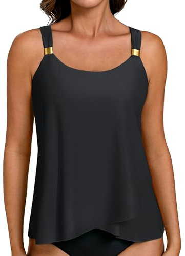 Hanna Nikole Tankini topp för kvinnor, justerbara remmar blus baddräkt topp, flödande fåll baddräktstopp, u-hals baddräkt topp med dyna (ingen botten)
