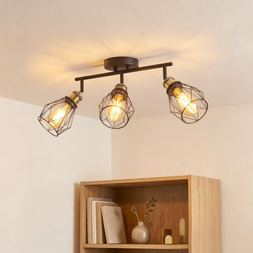 ANWIO Lampara Techo Con 3 Focos, Focos LED Interior Techo Giratorios E27, Lámparas de Techo Negro, Foco de Pared para Interior Iluminación para Dormitorio,Pasillo,Cocina (Sin Bombilla)